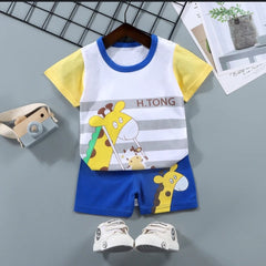 YELLOW AND BLUE PRINTED SHORT SLEEVE KIDS WEAR